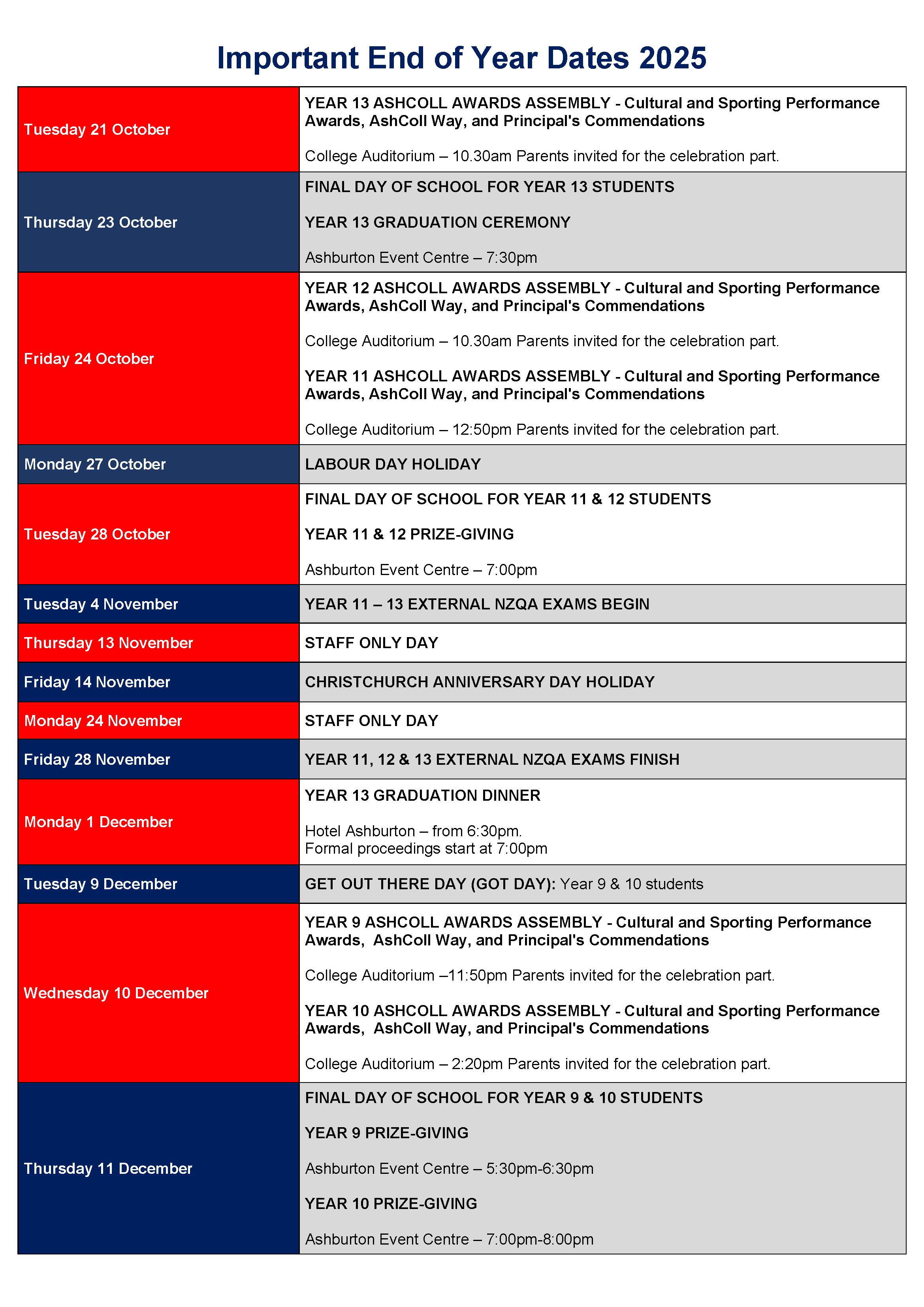 2025 Important End of Year Dates Image